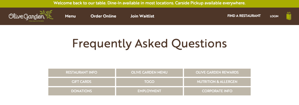 Olive Garden's FAQ page is a great example of a useful resource for voice search users